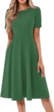 CHUOAND Dresses for Women 2025 Pleated A Line Dress Short Sleeve Round Neck Midi Cut with Side Pocket Sophisticated Look