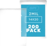 GPI Pack of 200, 14″ X 20″ Clear Plastic Reclosable Zip Bags – Bulk 2 Mil Thick Strong & Durable Poly Baggies with Resealable Zip Top Lock for Travel, Storage, Packaging & Shipping