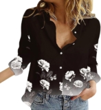 CHUOAND Linen Shirts for Women V Neck Roll Up Sleeve Blouses Linen Shirts Print Casual Long Sleeve Work Button Down