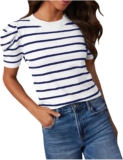 Women’s Short Puff Sleeve Tops 2025 Trendy Crewneck Striped T Shirts Casual Summer Blouses Regular Fit Pullover Tees
