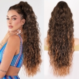 ALXNAN Claw Clip Ponytail,26 Inch Dark Brown With Golden Highlights Ponytail Extension for Women Synthetic Long Curly Wavy Clip in Ponytail Hair Extensions Synthetic Hairpiece for Daily Party Use