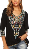 LauraKlein Women’s Boho Embroidered Peasant Tops 3/4 Sleeve V Neck Mexican Bohemian Shirts Tunics Blouses