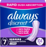 Always Discreet Adult Incontinence Pads for Women, Ultimate Extra Absorbency, Long Length, Postpartum Pads, 104 Count (Packaging May Vary)