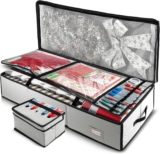 Hearth & Harbor Wrapping Paper Storage Container – Christmas Storage Bag with Ribbon Dispenser and Interior Pockets – Gift Wrap Organizer Fits Up to 26 Rolls of 40″ Length, Silver